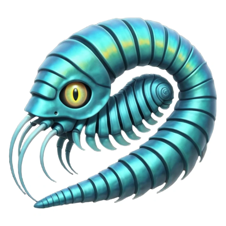 An iridescent, chitinous trilobite with glowing cyan eyes pulses rhythmically as a miniature black hole orbits its brow, distorting space-time. Its fractal-patterned exoskeleton shifts colors unsettlingly, and its mouth opens into a spiraling void that hums with forgotten whispers. sticker