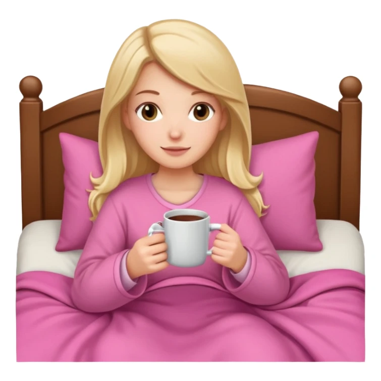 A white girl in bed with a pink blanket on her lap holding a mug sticker