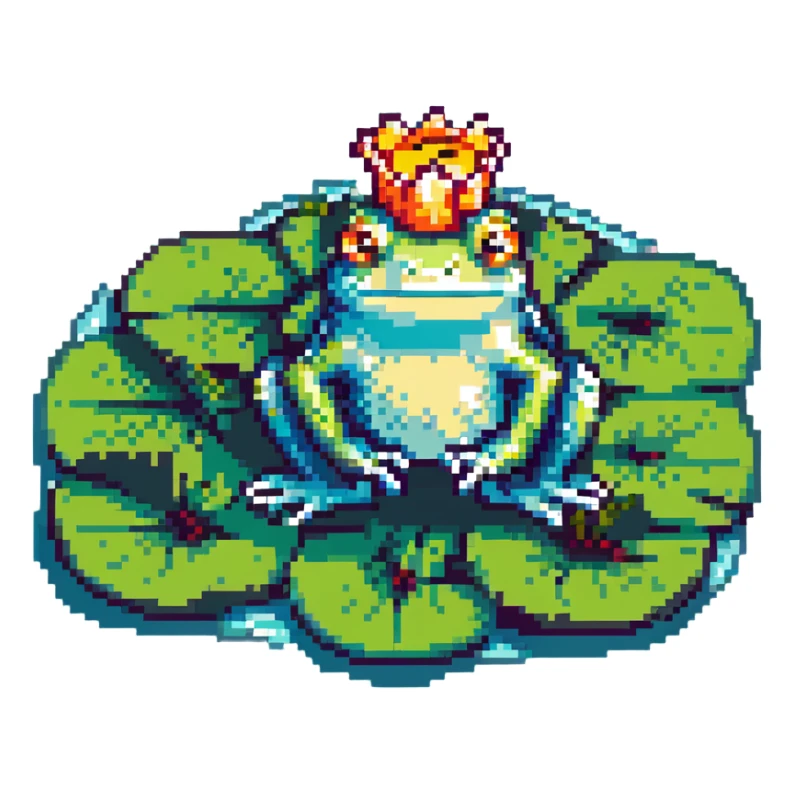 crowned frog sitting on a lily pad pixel art sticker