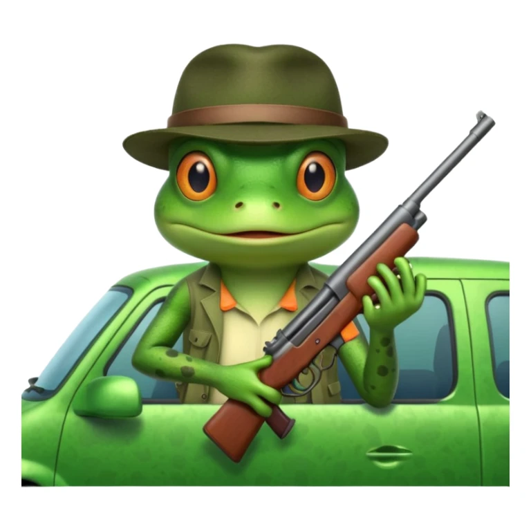 Frog with gun in back seat on moving van sticker