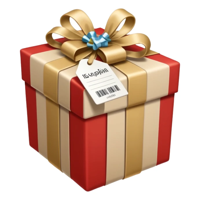 A beige and white christmans gift, with a label that says Rique. sticker