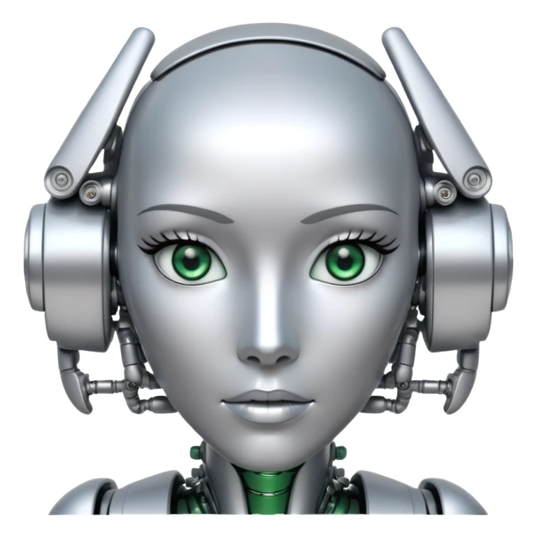 Gorgeous female intricate robot head and shoulders silver with green eyes sticker