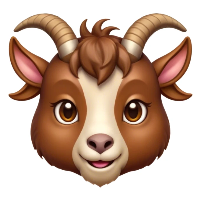 Cinematic Cute Brown Goat Portrait Emoji, Head tilted playfully and inquisitively, featuring a glossy, rich brown fur with charming curved horns, round, sparkling eyes filled with gentle curiosity, Simplified yet irresistibly adorable features, highly detailed, glowing with a warm, friendly glow, high shine, affectionate and lively, stylized with a touch of rustic whimsy, bright and endearing, soft glowing outline, capturing the essence of a mischievous yet loving goat, so playful it feels like it could trot out of the screen and into your arms! sticker