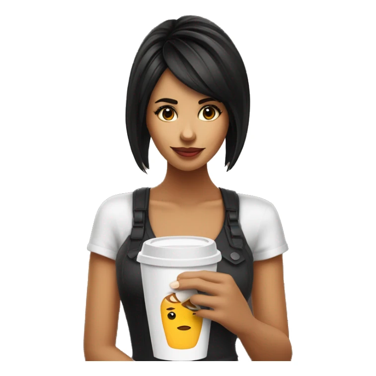 chica morena con flequillo negro tomándose un café  sticker
