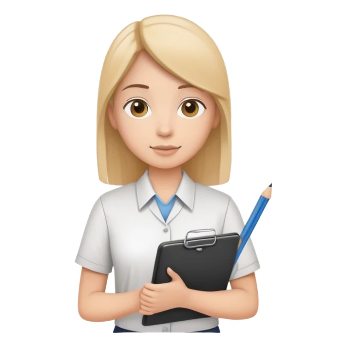 intern or volunteer holding a clipboard and pencil, ready to take notes or assist. The character wears a simple shirt and has an eager posture sticker