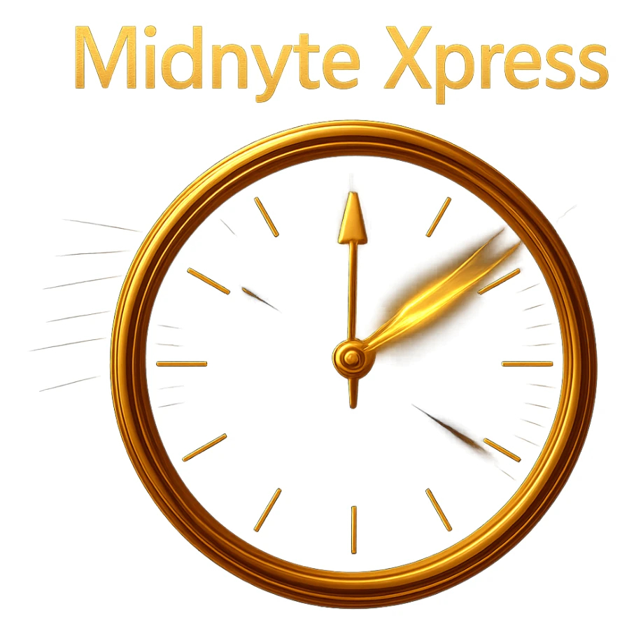 Change the clock face color to deep blue, keeping the motion blur on the hands, glowing effect, realistic style, and 'Midnyte Xpress' text above. Transparent background. Maintain the realistic style and effects as in the original images. sticker