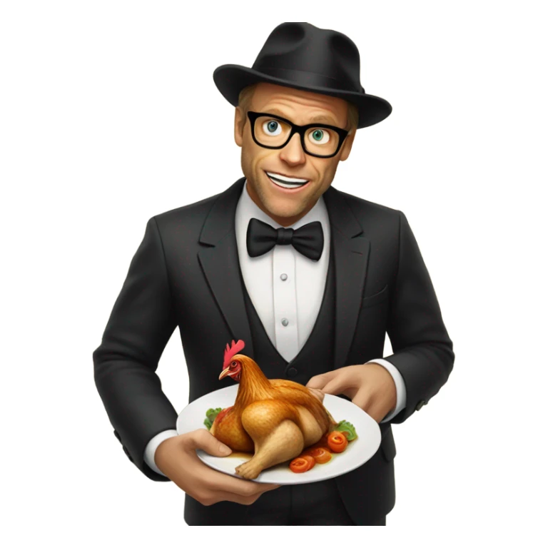 Alton brown wearing black bowler hat eating a roasted chicken sticker