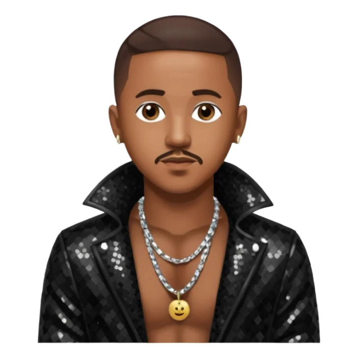 Marques Houston with dark brown hair, black sequin jacket, shirtless with necklace sticker