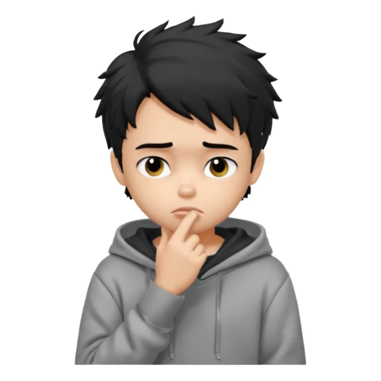 generate a pretty fair bratz boy with black messy hair looking sad with one hand on chin.  Wearing a grey hoodie sticker