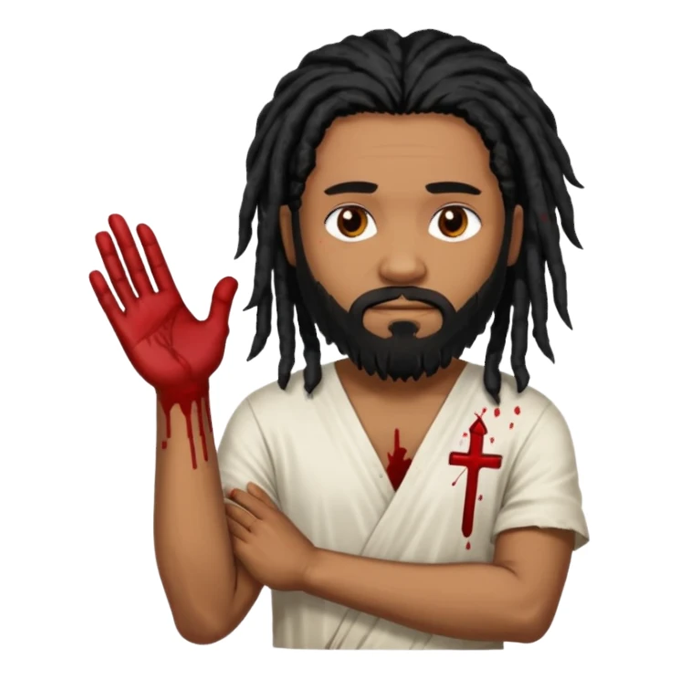 African American man with shoulder length black dreadlocks with black beard wearing a white tunic with blood on it with arms folded together sticker