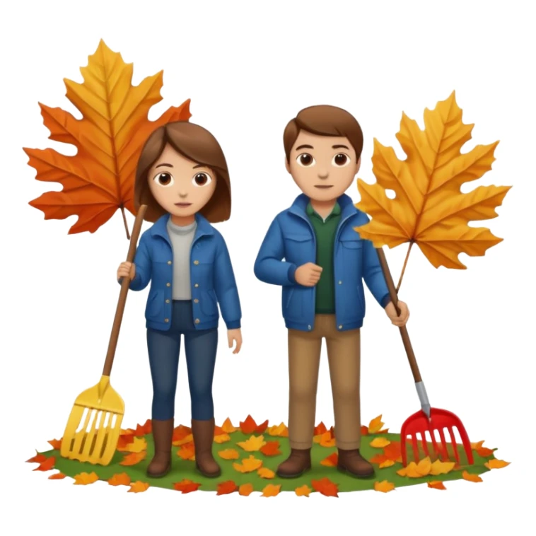 a couple man and woman both brown hair light skin racking leafs sticker