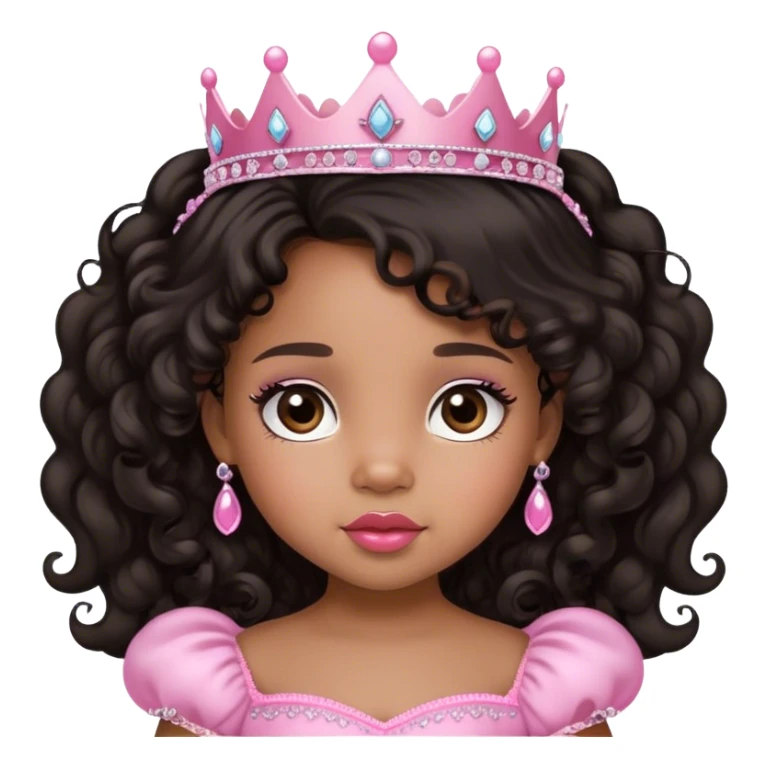princess, medium brown skin tone, very adorable toddler, with big plump lips, long long lashes, black curly long hair, brown eyes, pink tiara sticker