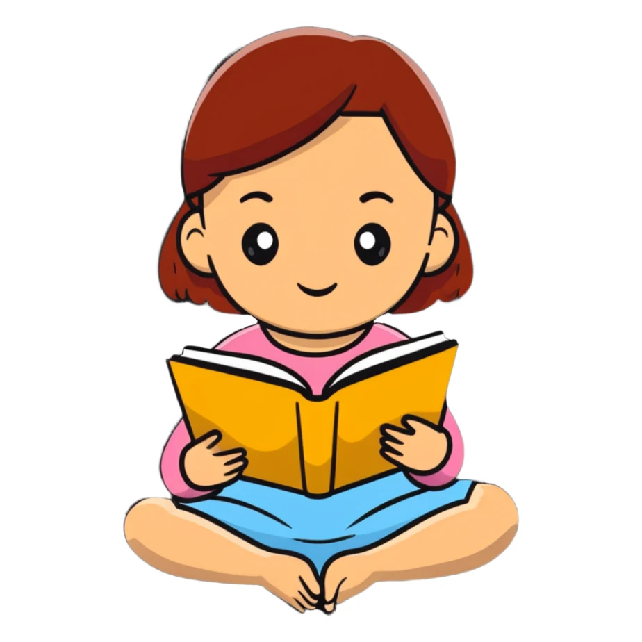Young girl happily reading a colorful book sticker