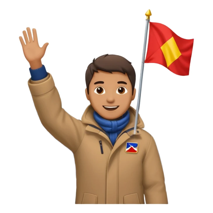 a cheerful man stands on a mountain with some snow, waving a flag sticker
