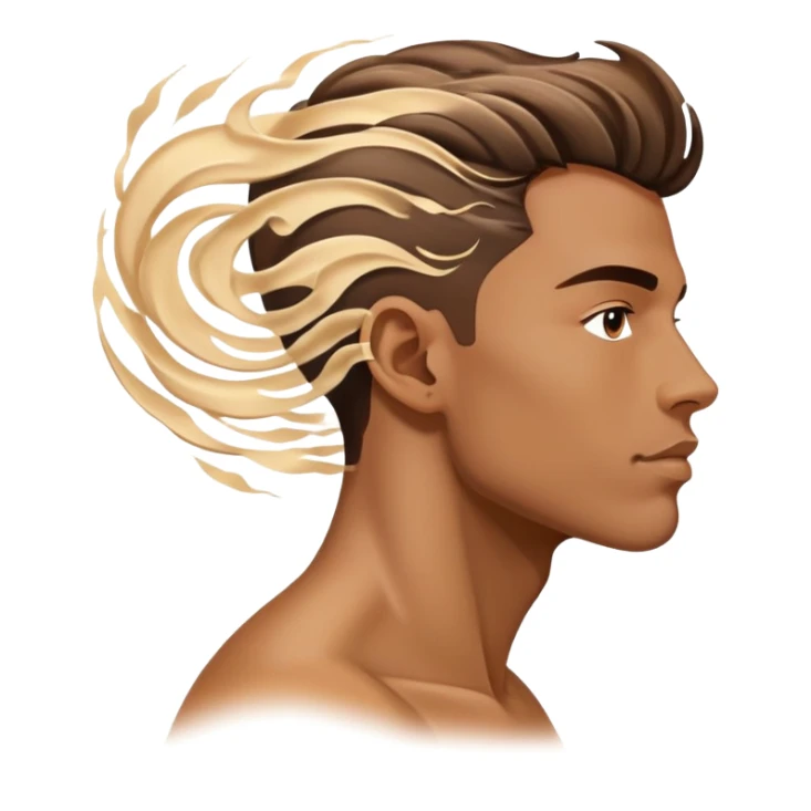 Male profile surrounded by floating fashion elements and energy waves, creative style essence, masculine vibe sticker
