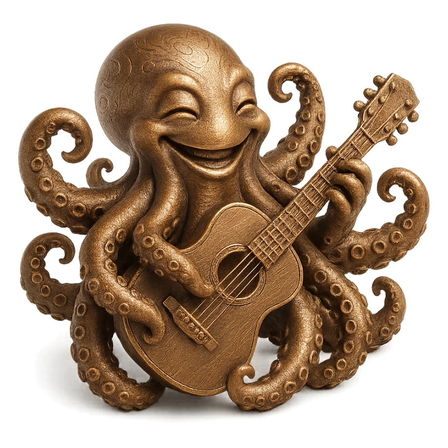 smiling octopus with extra arms holding a guitar, bronze sculpture style sticker