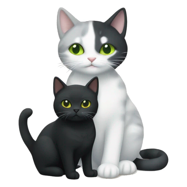 grey and white cat with green eyes, cuddling with an all black cat with yellow eyes sticker