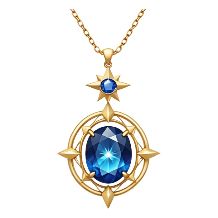 mystical necklace with a deep blue stone, glowing with star-like energy, gold chain floating ethereally sticker