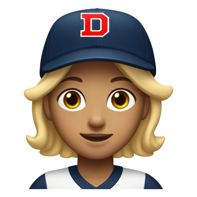 girl with wearing navy ballcap emblazoned with a red D initial and wearing baseball uniform sticker