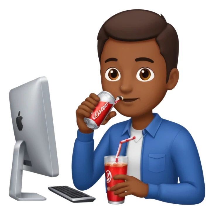 Hombre tomando un refresco frente a un ordenador sticker