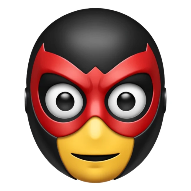A high-gloss 3D emoji-style mask inspired by a superhero design. Smooth rounded head shape with expressive large eyes. Primary color: matte black. Secondary color: bright red web-pattern lines across the mask. Clean, shiny, cartoony finish, symmetrical design, crisp outlines sticker