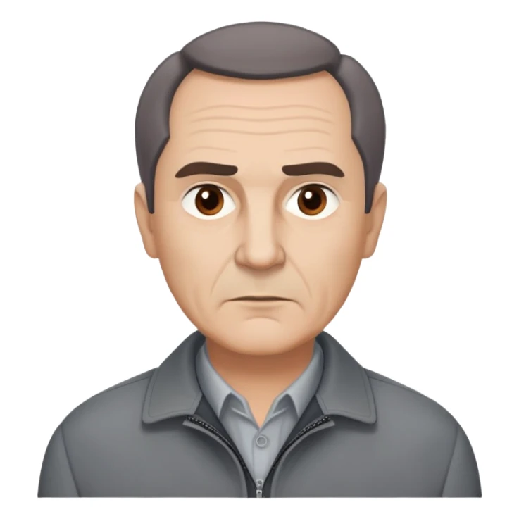 Actor in his 60s with light skin, round face, broad cheekbones. Expressive dark brown eyes, slightly arched thick eyebrows. Short brown hair combed to the side with visible receding hairline. Serious expression. Wearing a professional gray jacket. sticker
