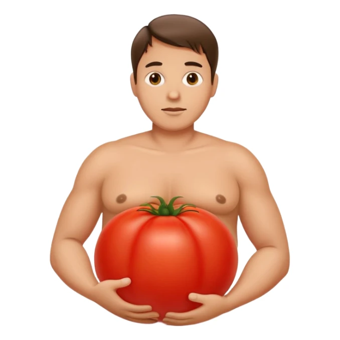 pregnant man with belly replaced by a tomato sticker