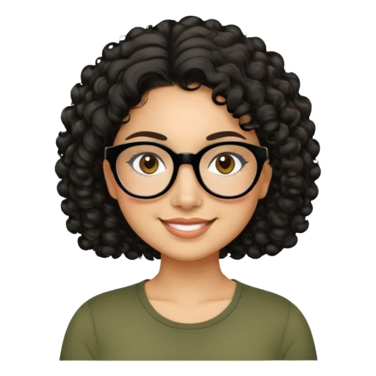 Latina in her early 30s with light tan complexion. Round face with prominent cheeks. Smiling with visible dimples. Dark eyes with black-framed glasses. Short defined curly black hair. Wearing a casual olive green top. sticker