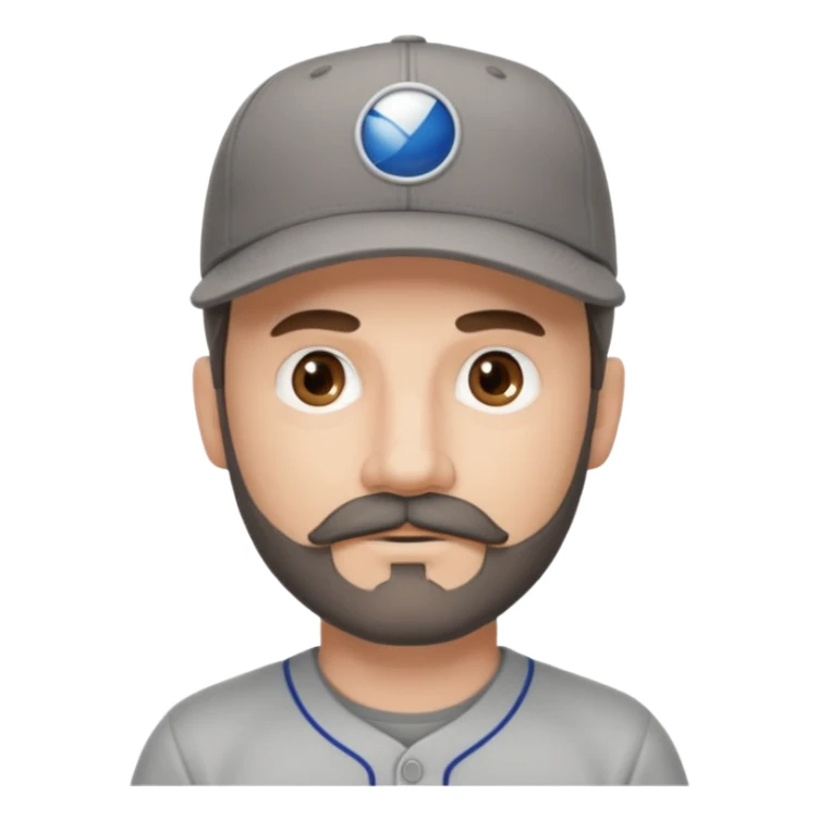 white male with dark brown goatee beard and moustache with grey tones wearing a grey baseball cap back to front with hazel eyes sticker