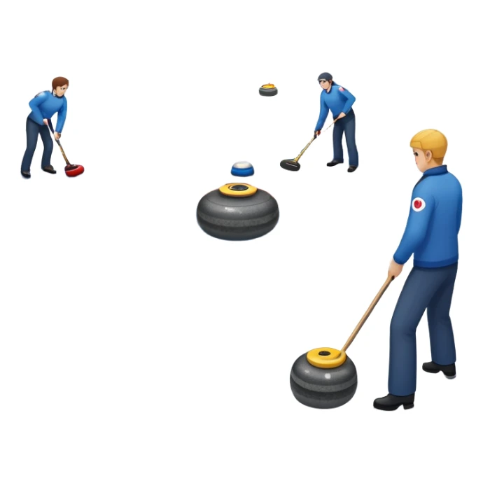 An icon showing a curling match on an indoor ice stadium, with a polished curling stone gliding toward the target and players sweeping. Spectators watch from stands, and flags hang above the rink. Transparent background highlights strategy and focus in the sport of curling. sticker