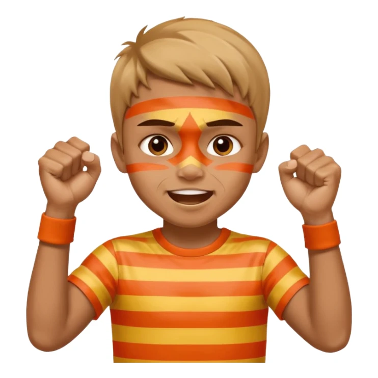 A boy with stripes face paint across his cheeks, raising his fists in excitement. sticker