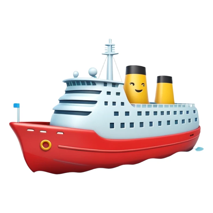 A 3D emoji of a ship in Apple style, glossy and smooth surface, bright clean colors with subtle shading, simple and minimal details, no face or expressions, floating on calm ocean, soft shadows, high-quality render, isolated on white background.


 sticker