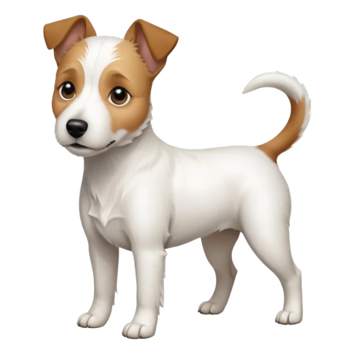 a full body slightly chubby white parson russell terrier looking dog the size of a kelpie with light brown long ears and a light brown patch on one eye and a large snout sticker