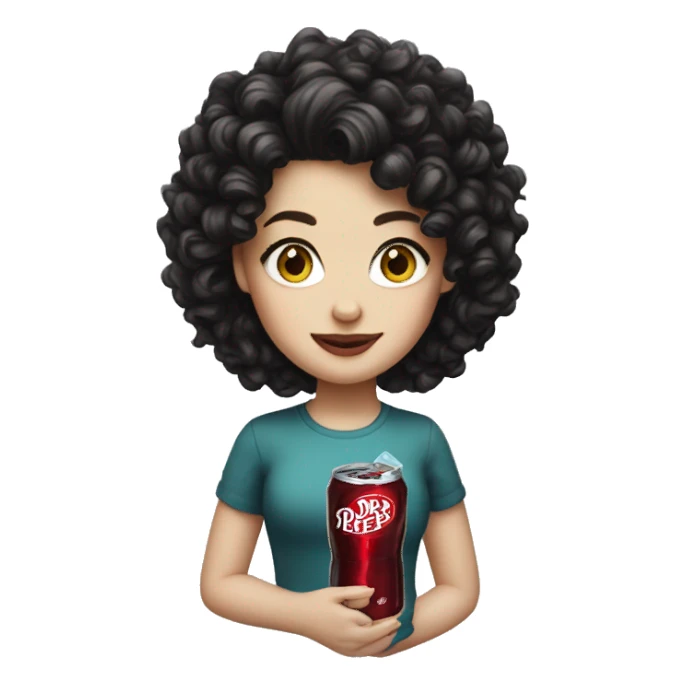 white girl with black curly hair holding a dr pepper  sticker