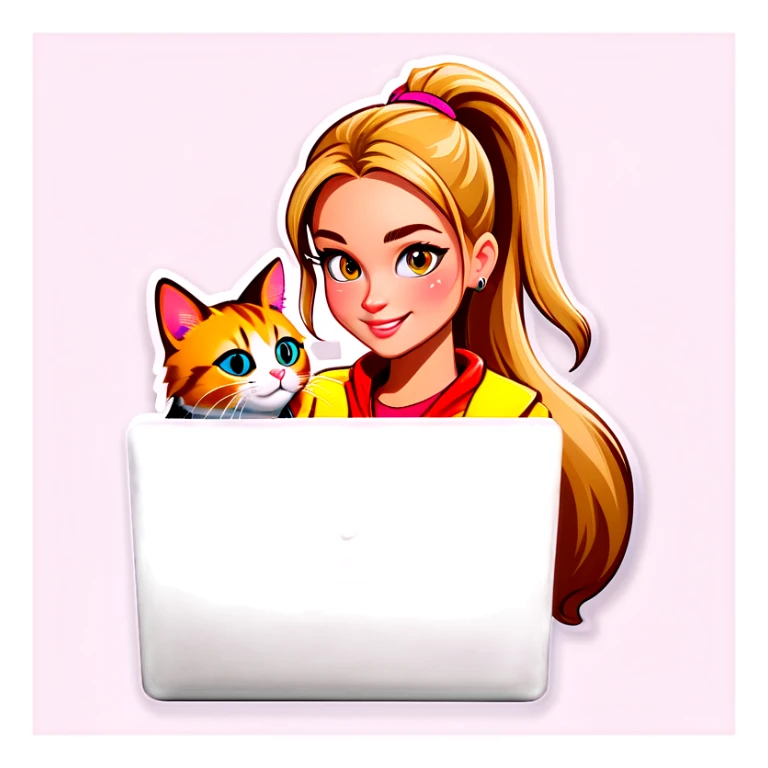 Blonde girl ponytail macBook and a cat sticker