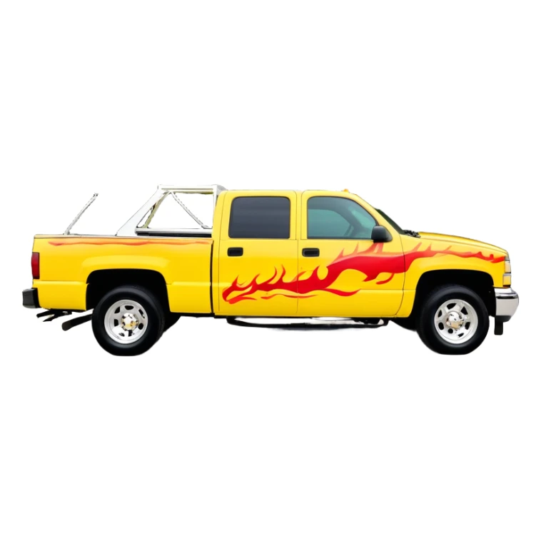 Yellow 1997 Chevrolet C-2500 Crew Cab Silverado with airbrushed red flame artwork on the hood and front fenders, custom painted flames like in Kill Bill movie, 30-degree view, iOS emoji style sticker