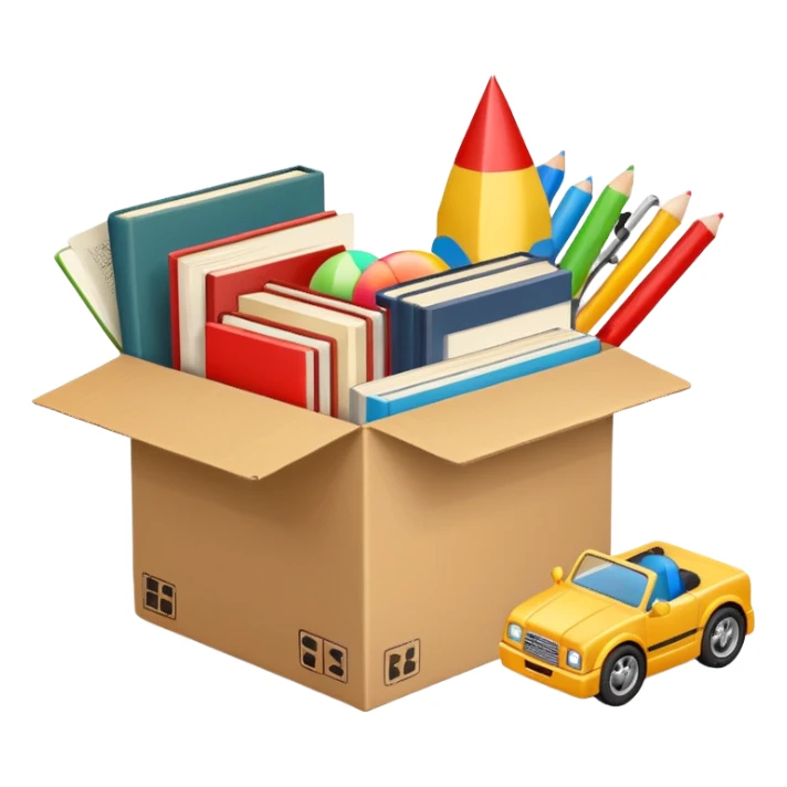 cardboard box with toys, rc, books, CD, realistic sticker
