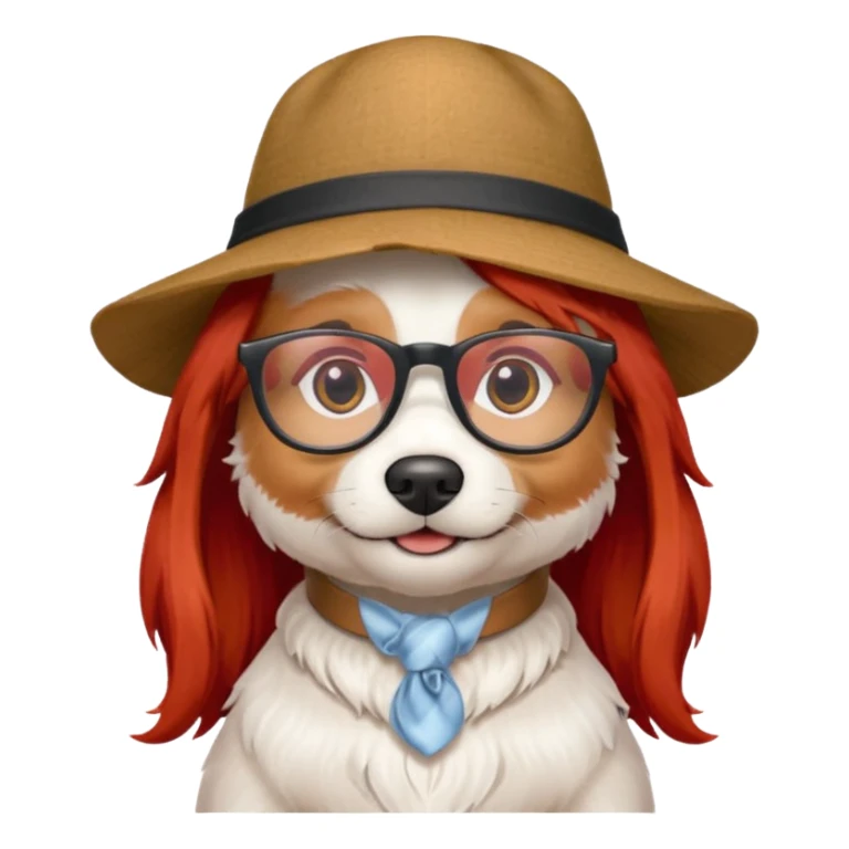 white dog with very red long hair and glassess and hat sticker