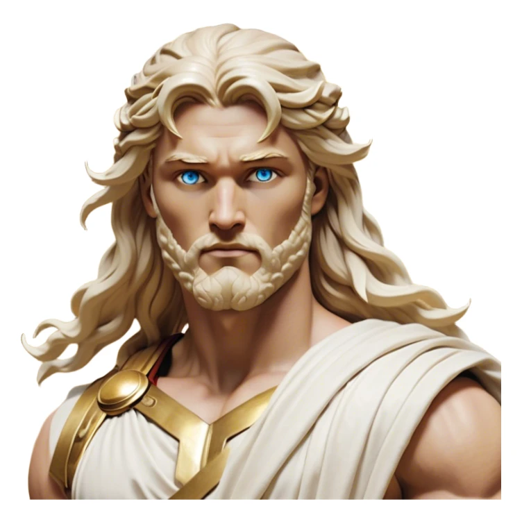 Cinematic Realistic Thor Portrait, depicted as a classical Greek god with a chiseled, sculpted physique reminiscent of ancient marble statues. His fair, luminous skin carries a subtle golden sheen, and his long, wavy, sun-kissed golden hair flows elegantly around his noble face, accentuating his determined, piercing eyes. Draped in a flowing white toga with delicate golden accents and hints of lightning motifs, the portrait is rendered in dynamic natural lighting with a radiant, mythic glow that exudes timeless strength and divine grace. sticker