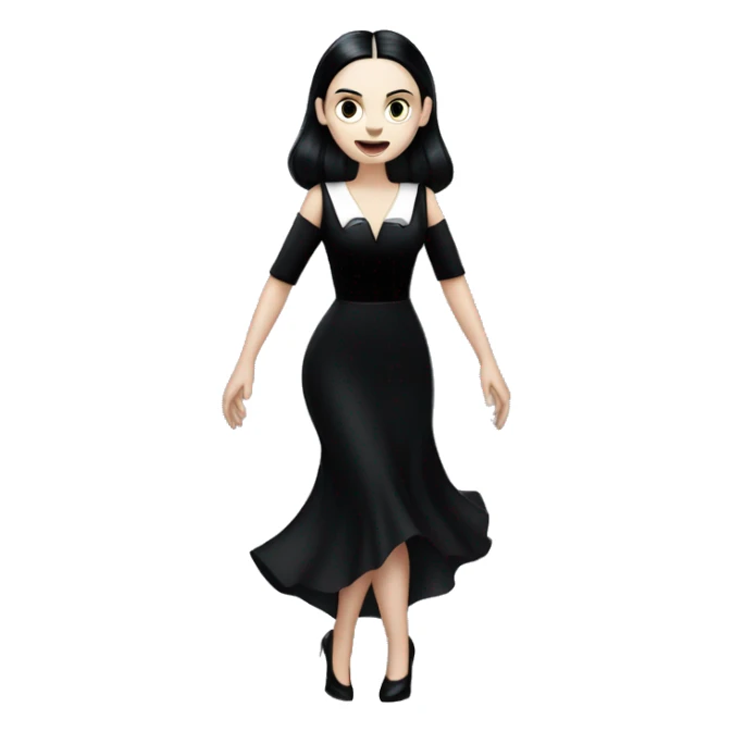 wednesday addams dancing with werewolves. high beauty face. short black flowing evening gown with  plunging neckline that’s off-the-shoulders that also shows her legs and black shiny velvet high heel shoes. sticker