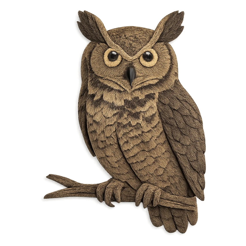 very detailed great horned owl perched on a branch, intricate cut paper textures, large ear tufts, yellow eyes, mottled brown and gray feathers, realistic markings sticker