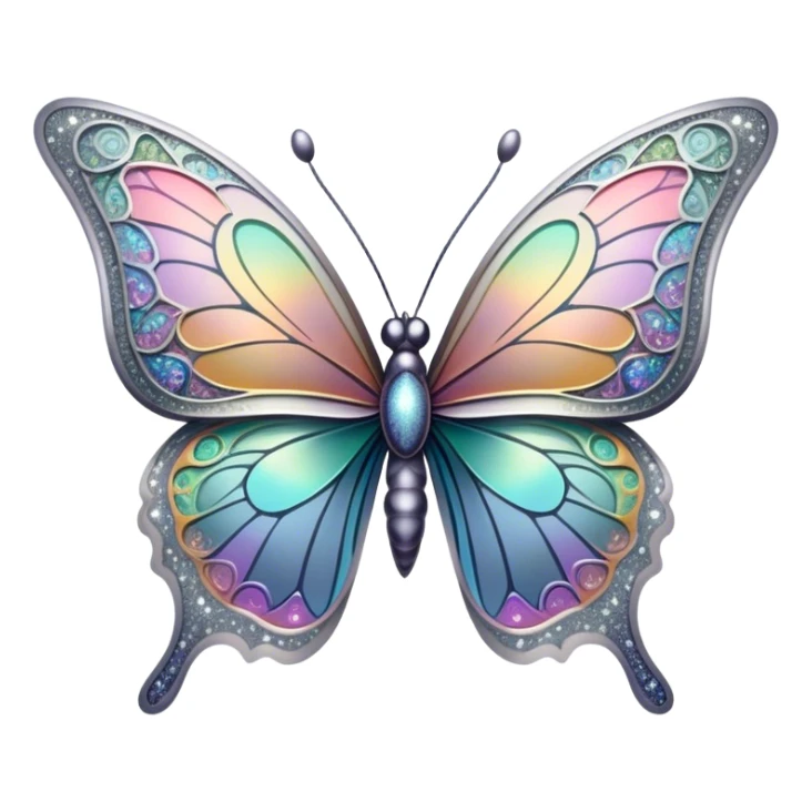 Pastel sparkly grey glittery iridescent rainbow transparent butterfly with detailed intricate patterns sticker