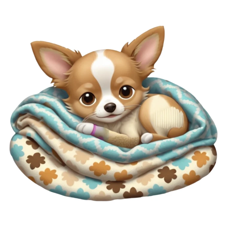 Long haired chihuahua, beige head, white chest and socks, sleeping cutely under blanket sticker