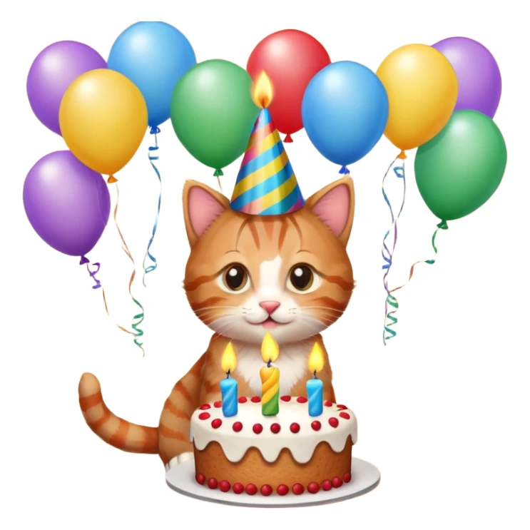 Ginger tabby kitten celebrates birthday, birthday hat, birthday cake, one candle, balloons, happy, gifts sticker