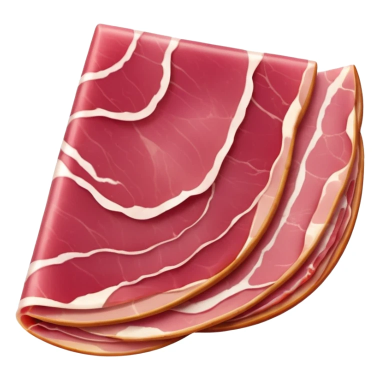 thin folded slices of cured ham two to three, deep pink to red, marbled with white fat, smooth and slightly translucent, soft curled edges, tender air-dried cut, apple emoji style, soft lighting, emoji scale sticker
