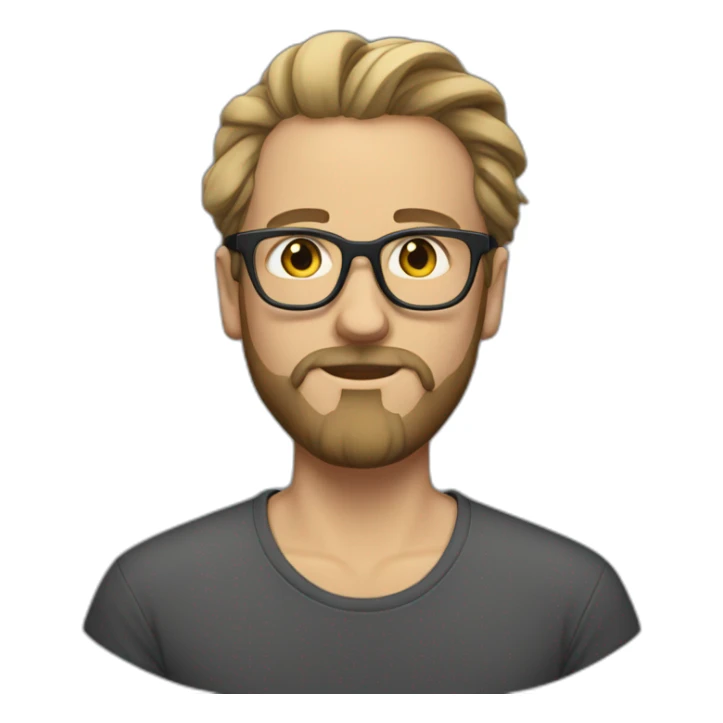 White Man with clear glasses and a black tshirt and a man bun and beard sticker