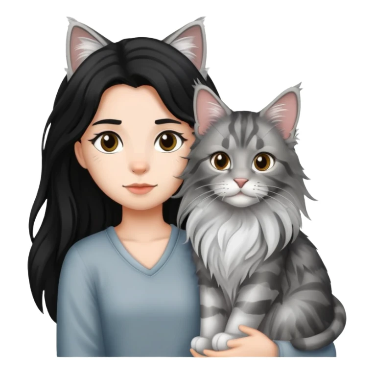 a silver based Maine Coon cat holding a black hair girl sticker