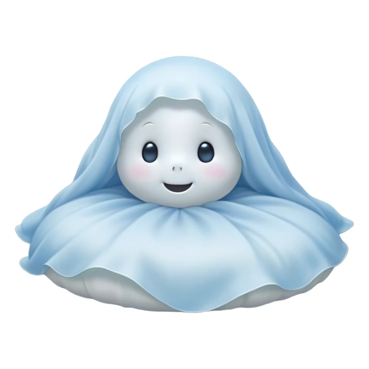 An adorable, peacefully floating sheet-like ghost in gentle pastel whites and blues, its soft, rounded form loosely draped, head resting with closed, serene sparkling eyes and a tiny, contented smile, simplified yet irresistibly charming, highly detailed, with a soft glowing outline that captures the essence of a sleepy, endearing spirit wrapped in cozy slumber! sticker