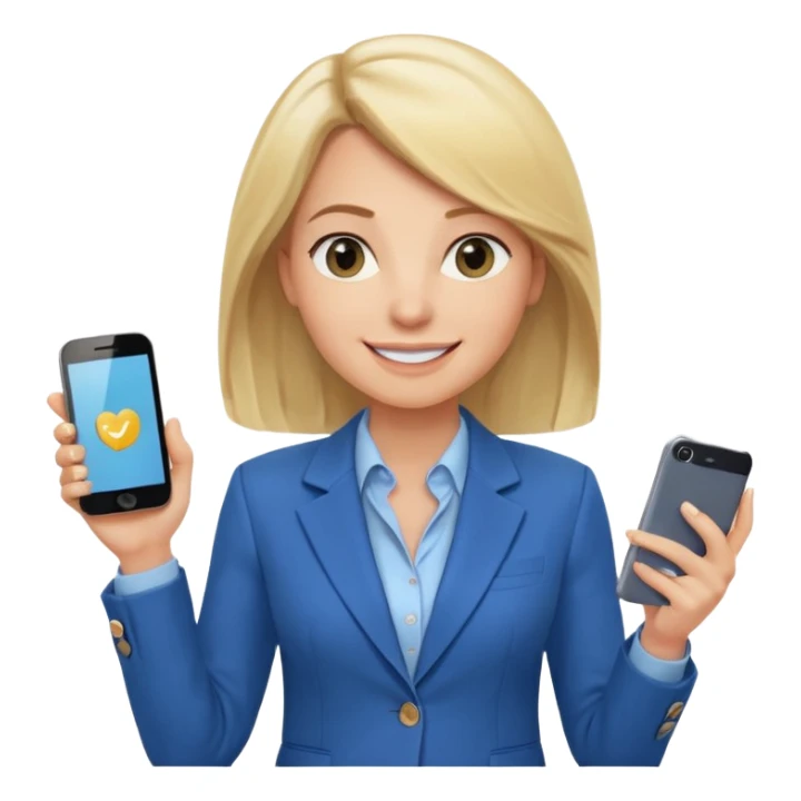 Confident and outgoing female entrepreneur, Caucasian features, shoulder-length blonde hair, big friendly smile, expressive eyes, wearing a blue blazer over a light blue blouse, holding a smartphone in one hand, waist-up, front-facing sticker