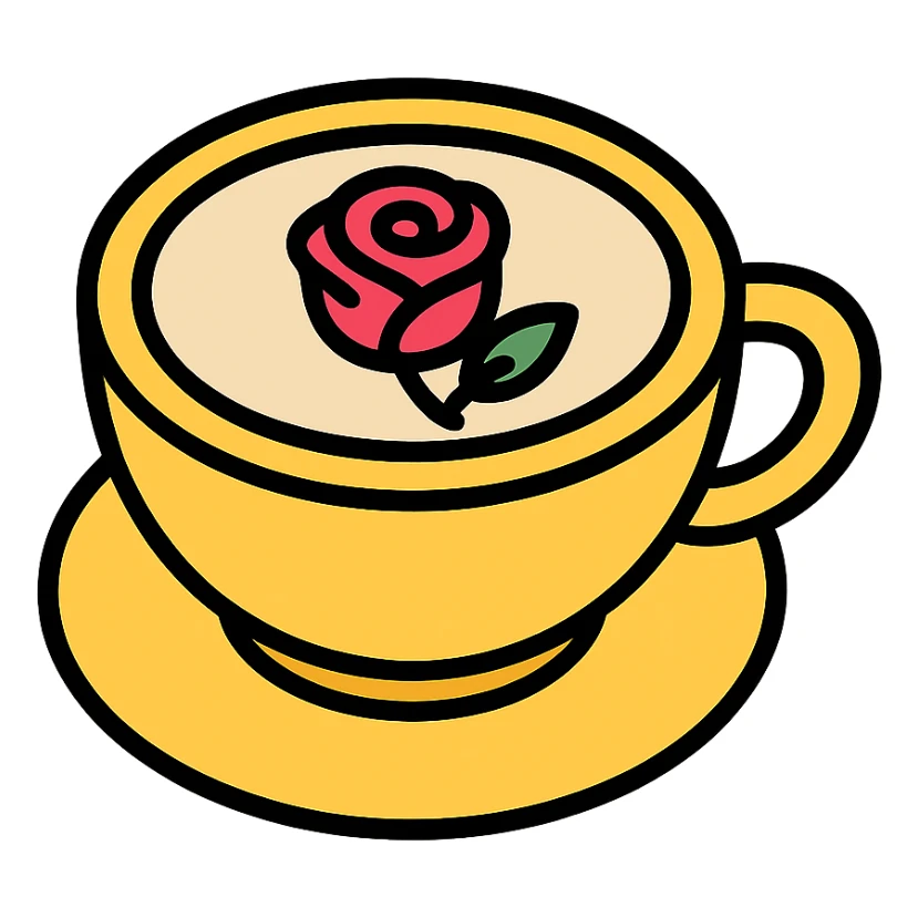a coffee cup with a rose as latte art, clean, modern, no text sticker